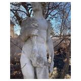 Concrete garden statue depicting the Roman god Bacchus on concrete base approximately 88 x 18 x 18 in VERY HEAVY will need help and equipment to remove. Easy alley to backyard access.