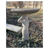 Concrete 2 piece birdbath with boy statue pedestal approximately 45 x 27 x 27 in VERY HEAVY will need help and equipment to remove. Easy alley to backyard access.