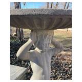 Concrete 2 piece birdbath with boy statue pedestal approximately 45 x 27 x 27 in VERY HEAVY will need help and equipment to remove. Easy alley to backyard access.