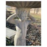 Concrete 2 piece birdbath with boy statue pedestal approximately 45 x 27 x 27 in VERY HEAVY will need help and equipment to remove. Easy alley to backyard access.