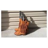 Lucky Brand brown leather fringe boots womens size 9.5 never worn with boot shapers