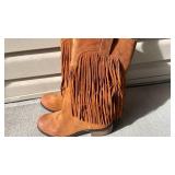 Lucky Brand brown leather fringe boots womens size 9.5 never worn with boot shapers
