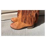 Lucky Brand brown leather fringe boots womens size 9.5 never worn with boot shapers