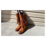 Lucky Brand brown leather fringe boots womens size 9.5 never worn with boot shapers