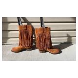 Lucky Brand brown leather fringe boots womens size 9.5 never worn with boot shapers