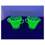 Federal parrot UV reactive depression glass creamer and sugar ser