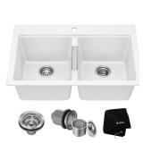 Quarza 33 in. Drop-in/Undermount 50/50 Double Bowl White Granite Composite Kitchen Sink