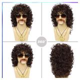 Guree Hair Mens Curly Wig + Glasses + Gold Chain + Peace Sign Necklace +Mustache + Wig Cap Long Curly Brown Wigs for 70s Disco Party Cosplay Costume Halloween Use 6pcs Set