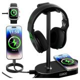 COZOO Headphone Stand with Fast Wireless Charging Pad and 2 USB Charging Ports, Suitable for Gaming, DJ, Wireless Earphone Accessories