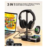COZOO Headphone Stand with Fast Wireless Charging Pad and 2 USB Charging Ports, Suitable for Gaming, DJ, Wireless Earphone Accessories