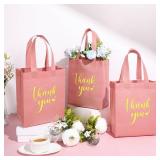 Sweetude Thank You Gift Bags with Handles Bulk Reusable Goodie Bag Non Woven Foldable Handbag for Christmas Wedding Bridesmaid Gifts(10 x 8 x 4 Inch,Leather Pink)
