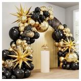 RUBFAC Bulkpcs Black and Gold Balloons, Black Metallic Gold Confetti Star Latex Balloons 5 10 12 18 Inch for 2026 New Year Graduation Birthday Retirement Wedding Anniversary Party Decorations