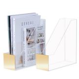 Zyners 2 Packs Clear Acrylic Magazine File Holder Organizer, Clear Plastic File Folder Storage Organizer with Gold Sequins for Decorative Office, Home, Desk, School 9.8 x 3.5 x 10