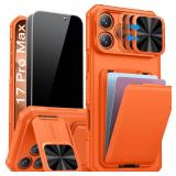 SSLOTSCASE for iPhone 17 Pro Max Case with 2X Privacy Screen Protector, Credit Card Holder & Stand & Slide Lens Cover & Kickstand, Military-Grade Heavy Duty Phone Cover for iPhone 17 Pro Max, Orange