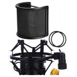 Microphone Shock Mount with Pop Filter, Mic Anti-Vibration Suspension Shock Mount Holder Clip for Diameter 46mm-51mm Microphone