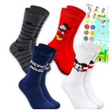 Disney Mickey Mouse Socks for Men - Mickey Mouse Apparel Bundle with 4 Pairs of Mickey Mouse Crew Socks Size 6-12 Plus Stickers, More| Mickey Crew Socks for Adults