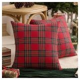 AQOTHES Pack of 2 Christmas Plaid Decorative Throw Pillow Covers Scottish Tartan Cushion Case for Farmhouse Home Holiday Decor Red and Green, 18 x 18 Inches