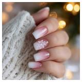 Christmas Press on Nails Short Square Fake Nails Christmas Snowflake with Pink Glitter Design,Nails Press ons Acrylic Glue On Nails,Manicure Stick on Nails for Women Holiday & Parties