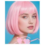 FSLLZCJY Light Pink Bob Wig with Heart Sunglasses - Heat-Resistant, Synthetic Fiber, Adjustable and Natural Looking