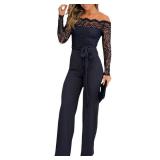 CHICME Women Off Shoulder Long Sleeve Black Jumpsuit Floral Embroidery Lace Overalls Casual Wide Leg Rompers with Belt Black-S