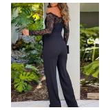 CHICME Women Off Shoulder Long Sleeve Black Jumpsuit Floral Embroidery Lace Overalls Casual Wide Leg Rompers with Belt Black-S