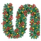 Christmas Garland with Lights, 9ft 30LED Battery Operated Garland Decorated with Pine Cones, Berry, Artificial Snowy Pine, Indoor & Outdoor Xmas Garland for Stairs Fireplace Door Fences
