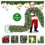 Christmas Garland with Lights, 9ft 30LED Battery Operated Garland Decorated with Pine Cones, Berry, Artificial Snowy Pine, Indoor & Outdoor Xmas Garland for Stairs Fireplace Door Fences