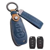 YINEOR Key Fob Cover Leather Car Key Case Keychain Fob Holder Compatible with Ford Ranger Maverick F150 F250 F350 F450 F550 Bronco EcoSpor Escape Expedition Explorer Fusion (HOFTG-Blue)