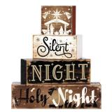 Moucuny 4 Pcs Wooden Christmas Nativity Table Sign Wooden Holy Night Decorative Signage Xmas Tiered Tray Decor Winter Centerpieces Farmhouse Block Set Xmas Table Sign for Home