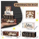 Moucuny 4 Pcs Wooden Christmas Nativity Table Sign Wooden Holy Night Decorative Signage Xmas Tiered Tray Decor Winter Centerpieces Farmhouse Block Set Xmas Table Sign for Home