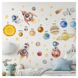 MagiMural Watercolor Outer Space Wall Stickers, Astronaut Planets Rockets Peel and Stick Wall Decals, Baby Room Nursery Kids Bedroom Art Wall Decor