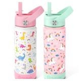Fimibuke Kids Insulated Water Bottle, 18oz BPA FREE Kid Cup with Straw Double Wall Vacuum Tumbler 18/8 Stainless Steel Leak Proof Toddler Water Bottle for School Boys Girls (2 Pack, Unicorn/Dinosaur)