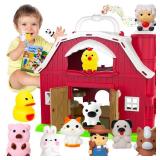 Kimicare Musical Red Barn Toy Farm Animal Finger Puppets for 3 4 5 Years Old, Animal Figures Playset with Farm Baby Book, Sensory Learning Toys Birthday Gifts for Kids Boys Girls