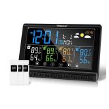 Geevon Weather Station Wireless Indoor Outdoor Thermometer 3 Sensors, Color Display Digital Temperature Humidity Monitor with Barometer, Calendar, USB Charge and Adjustable Backlight