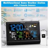 Geevon Weather Station Wireless Indoor Outdoor Thermometer 3 Sensors, Color Display Digital Temperature Humidity Monitor with Barometer, Calendar, USB Charge and Adjustable Backlight