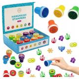 The Dreidel Company Box of Twelve Multicolored Hanukkah Stampers, Each Stamp Includes A Fun Chanukkah Icon Including Menorah, Dreidels and Coins, 12-Pack Box