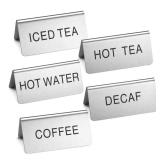 Stainless Steel Beverage Table Signs, Set of 5, 1.57 x 3.15 Inch Brushed Metal Drink Labels, Coffee Bar Signs for Coffee Station, Hot Water, Hot Tea, Iced Tea, and Decaf