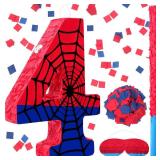 Simgoing Number 4 Spider Web Pinata Bundle with Blindfold Small Pinata Birthday Party Decoration for Mexican Fiesta Cinco De Mayo Anniversary Celebration Gift, 15.75 x 11 x 2.8 In(Red Blue)