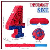 Simgoing Number 4 Spider Web Pinata Bundle with Blindfold Small Pinata Birthday Party Decoration for Mexican Fiesta Cinco De Mayo Anniversary Celebration Gift, 15.75 x 11 x 2.8 In(Red Blue)