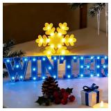 7Pcs Winter Snowflake LED Marquee Light Up Letters Sign Winter Christmas Letter Lights Snowflake Table Decorations Battery Powered LED Lights for Home Indoor Fireplace Wall Holiday Party Decoration