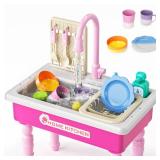 Doloowee Color Changing Kitchen Sink Toys,Electric Dishwasher Playing Toy Play Sink for Kids 3-5 with Running Water,Upgraded Faucet and Play Dishes,Pretend Play Kitchen Toys for Kids Boys Girls(Pink)