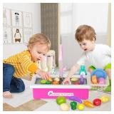 Doloowee Color Changing Kitchen Sink Toys,Electric Dishwasher Playing Toy Play Sink for Kids 3-5 with Running Water,Upgraded Faucet and Play Dishes,Pretend Play Kitchen Toys for Kids Boys Girls(Pink)