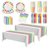 Remagr 154 Pcs Rainbow Birthday Party Decorations 2 Rainbow Striped Tablecloth Disposable Dinnerware Set Colorful Plates Paper Cups Napkins Cutlery for Happy Birthday Wedding Party Supplies