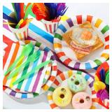 Remagr 154 Pcs Rainbow Birthday Party Decorations 2 Rainbow Striped Tablecloth Disposable Dinnerware Set Colorful Plates Paper Cups Napkins Cutlery for Happy Birthday Wedding Party Supplies