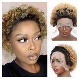 Ombre Lace Front Wig Human Hair Short Pixie Wigs for Black Women Honey Blonde Pixie Cut Wigs Lace Front Bob Wigs Human Hair Pre Plucked 13x1 HD Transparent Pixie Wig 150% Density Curly Short Lace Wig