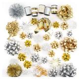 WRAPAHOLIC Gift Bows Assortment -  Assorted Size Gift Bows(Gold&Silver&White), Pull Bow,  Tinsel Bows,  Fountain Bows,  Curly Bows, Curling Ribbons, Cotton Twine