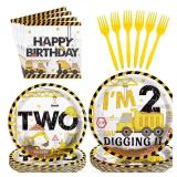 96 Pcs Construction 2nd Birthday Party Supplies Construction Truck Plates and Napkins Tableware 350GSM Excavator Birthday Decorations Favors for Boys Tractor Dump Two Years Old, Serves 24