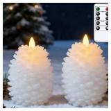 Eldnacele LED Pine Cone Candles with Remote Timer, Battery Operated Flameless Candles Unscented Wax Pinecone Candle White 2 Pack for Christmas Home Party Decoration Brown