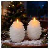 Eldnacele LED Pine Cone Candles with Remote Timer, Battery Operated Flameless Candles Unscented Wax Pinecone Candle White 2 Pack for Christmas Home Party Decoration Brown