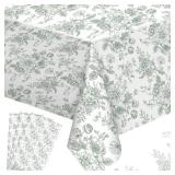 Buryeah 4 Pcs Sage Green Floral Tablecloth Rectangle Disposable Plastic Table Cloth Flower Table Cover for Summer Picnic Wedding Birthday Baby Shower Party Favors, 54 x 108 Inch